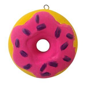 Yellow Pink Donut Shaped Ceramic Ornament  Purple Sprinkles Hand-Painted